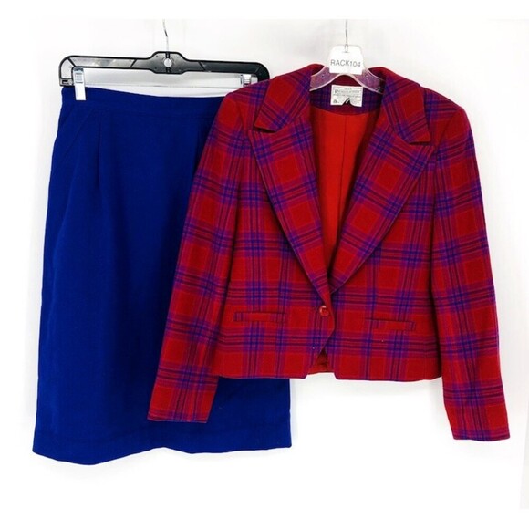 Pendleton Dresses & Skirts - Vintage Pendleton Women's Red & Blue 100% Wool 2 Piece Suit Blazer Skirt Set